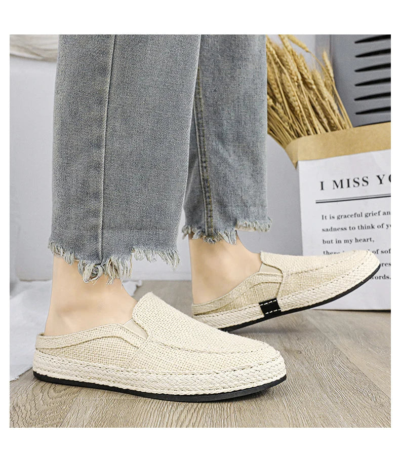 Outdoor Sandals Mens Half Slipper Summer Casual Shoes Canvas Soft Bottom Lightweight Walking Shoe Vulcanized Shoe