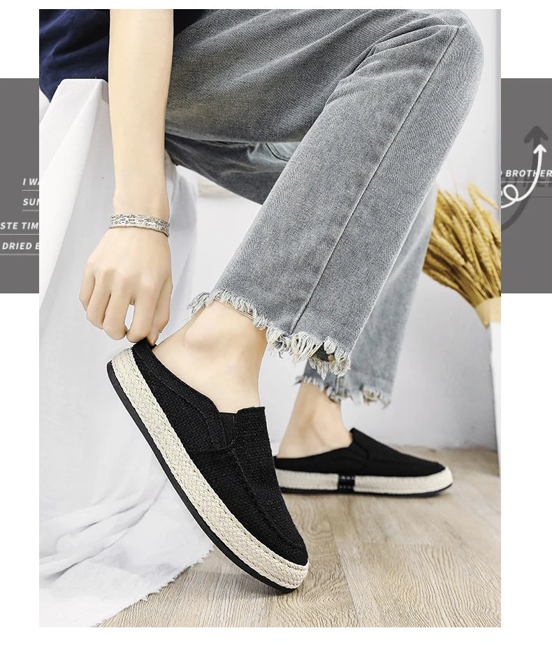 Outdoor Sandals Mens Half Slipper Summer Casual Shoes Canvas Soft Bottom Lightweight Walking Shoe Vulcanized Shoe