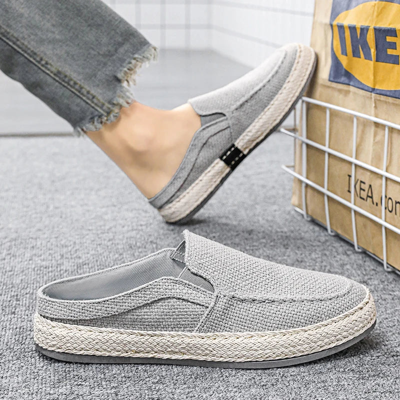 Outdoor Sandals Mens Half Slipper Summer Casual Shoes Canvas Soft Bottom Lightweight Walking Shoe Vulcanized Shoe