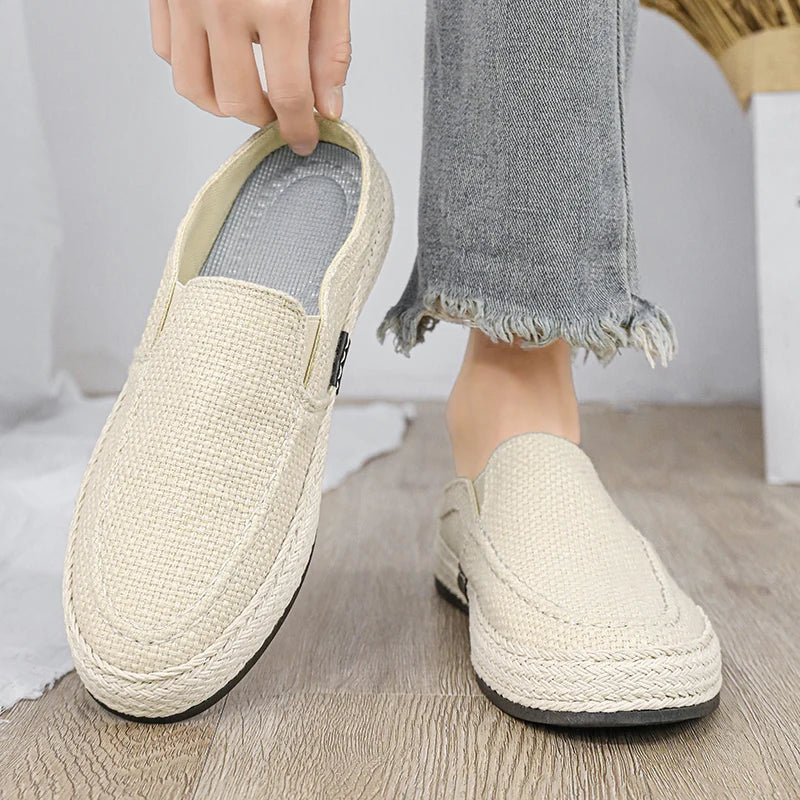 Outdoor Sandals Mens Half Slipper Summer Casual Shoes Canvas Soft Bottom Lightweight Walking Shoe Vulcanized Shoe